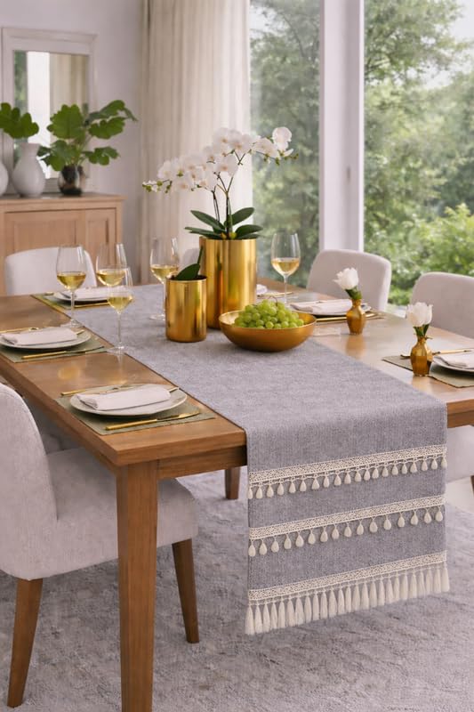 WWW.THROWPILLOW.IN Light Grey Table Runner with Tassels & Kowri 14x72 Inches | Fits 5 Feet TV Unit Cabinet, Center Table, Coffee Table, Dining Table, Entry Console| Diwali Festive Decor 2