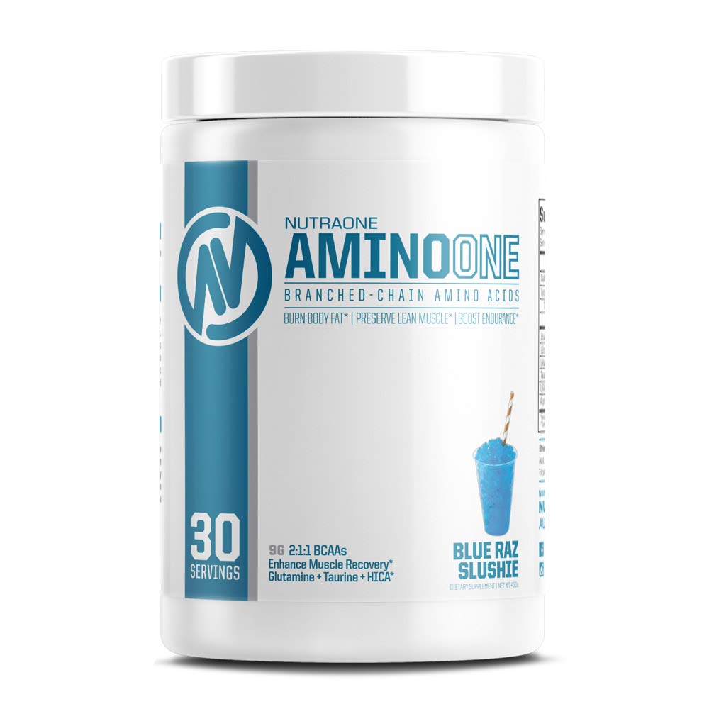 AminoOne BCAA Powder Supplement by NutraOne – Branched Chain Amino Acids to Help Fuel and Recover (Blue Raz Slushie - 45 Servings)
