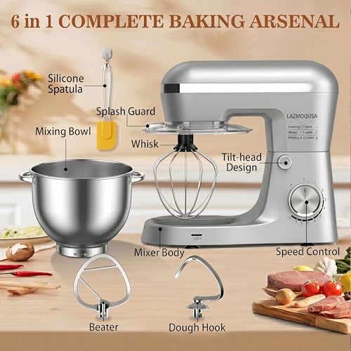 Image of 6in1 Stand Mixer with 6.5 Quart Bowl, 660W 10+p Speeds Kitchen Food Mixer Tilt-Head Bread Dough and Cake Mixers for Home Daily (Sliver)
