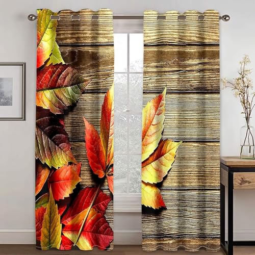 Juego de cortinas de cocina Bishilin, paneles texturizados con estampado de hojas y madera 3