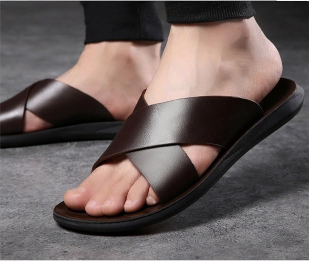 Battle Men Fashion X Band Slipper For Men Solid Color Genuine Leather Open Toe Casual Slip On Beach Sandal anti-slip4