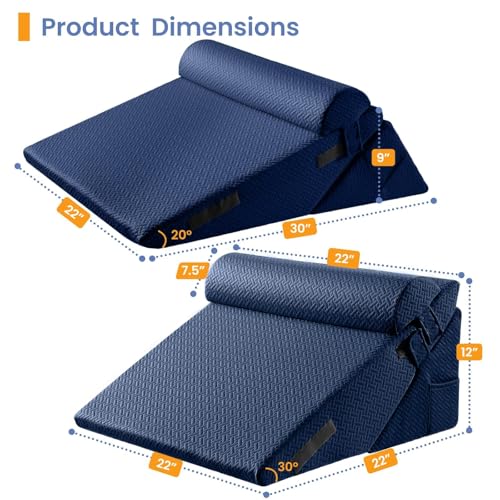 Image of Sasttie Wedge Pillow Set for After Surgery, 2PCS Adjustable Bed Wedge Pillow Headboard with Memory Foam Neck Cushion - for Acid Reflux, Sleeping, Neck & Back Support, Navy