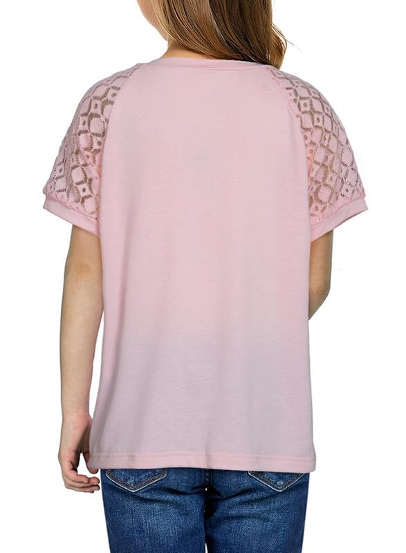 Image of DOKOTOO KIDS Girls Fashion Lace Short Sleeve Shirts Casual Button Crewneck Blouses Tops 6-15 Years