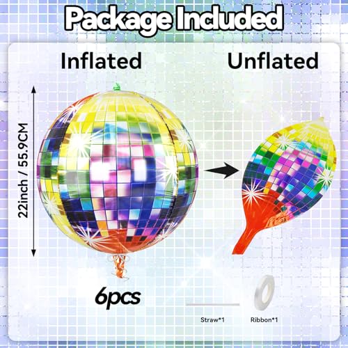 Image of 6pcs 22 Inch Multicolor Disco Ball Balloons, Rainbow Big Disco Balloons, Pink 4d Large Foil Aluminum Balloon For Birthday Baby Shower 70s 80s 90s Theme Party Wedding Engagement Graduation Festival