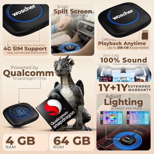 Image of WOSCHER AIRWAVE CarPlay & Android Auto Adapter, Stream YouTube, Netflix, JioHotstar on Car Screen, Converts Wired to Wireless, Qualcomm Octacore Snapdragon, Built-in GPS, 4G SIM Slot, 4GB + 64GB