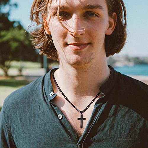 IEFLIFE Cross Necklace Gifts for Men, Silver/Black/Gold Cross Necklace, Figaro Chain for Men, Fathers Day Christmas Baptism Religious Christian Gift for Dad Son Grandpa Boyfriend Husband3