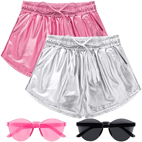 URATOT 2 Pack Women's Metallic Shorts Shiny Sparkly Yoga Rave Pants Summer Hot Drawstring Outfit Short Pants with Sunglasses