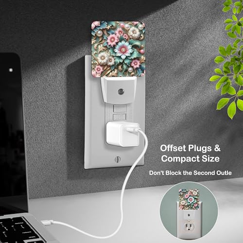 Image of LED Night Light Lamp with Smart Sensor Dusk to Dawn Sensor,Floral Pink and Blue Flowers with Pearls Leaves Night Light Daylight White,0.5W Plug-into Wall for Adults,Bedroom,Hallway,Kitchen