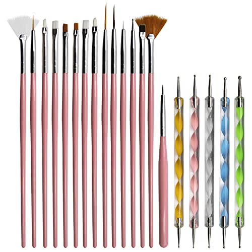 Kit 15 Pincéis de Decoração Pontilhismo para Unhas Gel Alongamento Acrílico + 5 Boleadores, Manicure Pedicure, Ponta Dupla