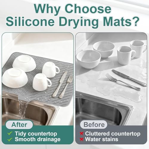 Image of CooRug Silicone Dish Drying Mat for Kitchen - Built-in Drain Lip | Hygienic Drying Pad - Sturdy Compact Easy to Clean Tray Protects Surfaces Prevents Water Build Up - 23 X 17 Inches (Grey)