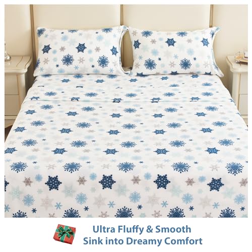Image of Fleece Sheet Set Full, Soft Plush Bed Sheets, 4-Piece, Snowflake | 100% polar fleece, plush on both sides for winter warmth; low-shedding, pill-resistant, 15-inch pocket, machine washable