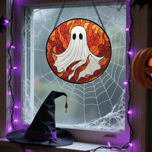 Image of Stained Glass Window Hanging - Halloween Decorations White Ghost Orange Sky Suncatcher for Doors Garden Funny Spooky Sun Catchers Gothic Decor Horror Gifts for Women Men Friend Boy 6.3 in