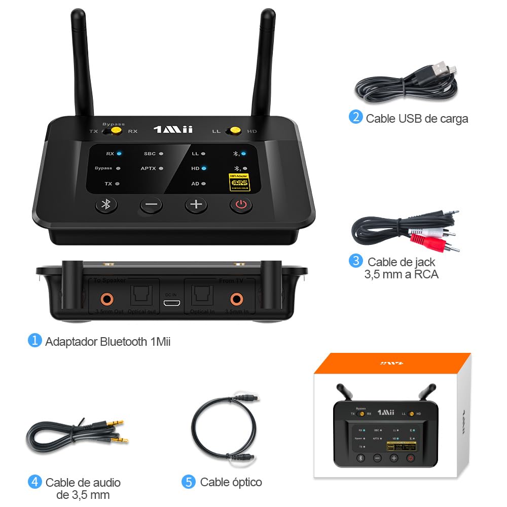 1Mii B03Pro Receptor Bluetooth HiFi, Transmisor Bluetooth 5.3 TV Adaptador Audio con Audiophile ESS DAC & aptX HD/Baja Latencia, Largo Alcance, Salida Entrada Óptica RCA AUX 3.5mm para Estéreo