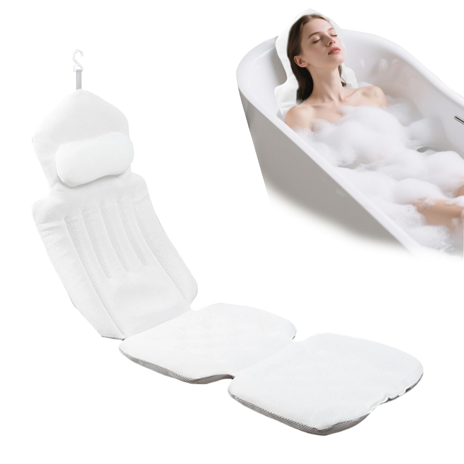 Almohada Bañera Completa 4 en 1 con Ventosas, Cojín Bañera Adultos Antideslizante 134x41cm, Soporte Cabeza, Espalda, Lumbar y Caderas, Accesorios para Bañera de Lujo