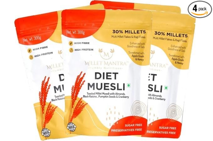 Millet Muesli Diet (Mantra For Weight Loss) -300 gm, Pack Of 4 A Soulfull Muesli with Millets, Oats, Ragi, Almonds, Raisins, Pumpkin Seeds, Cranberry, Honey, Apple Crush & No added Sugar. A perfect diet Food.