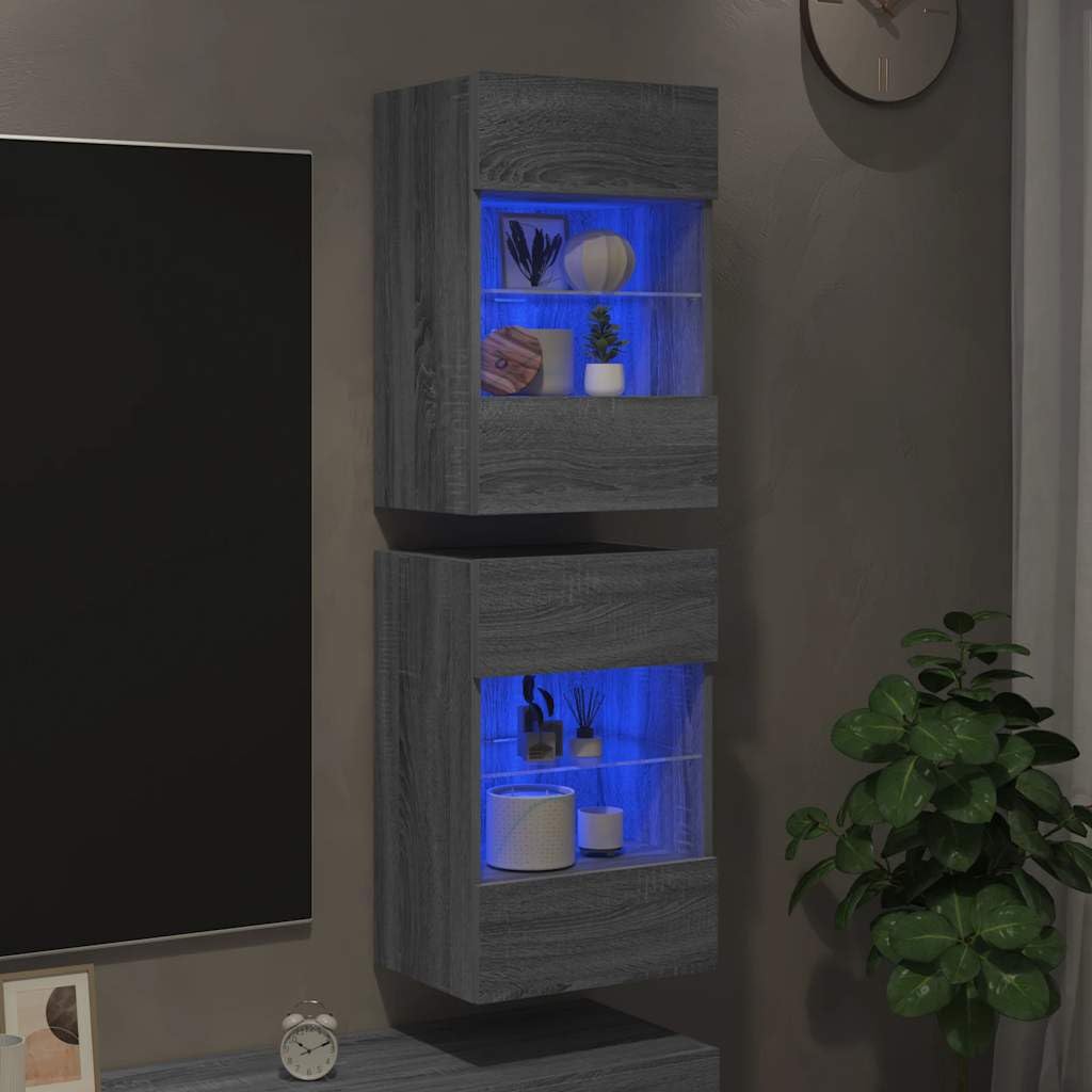 Homgoday TV-Wandschränke mit LED-Leuchten 2 STK. Schrankwand Fernsehschrank mit viel Stauraum, Anbauwand Wandmontage TV Möbel für Wohnzimmer Schlafzimmer Grau Sonoma