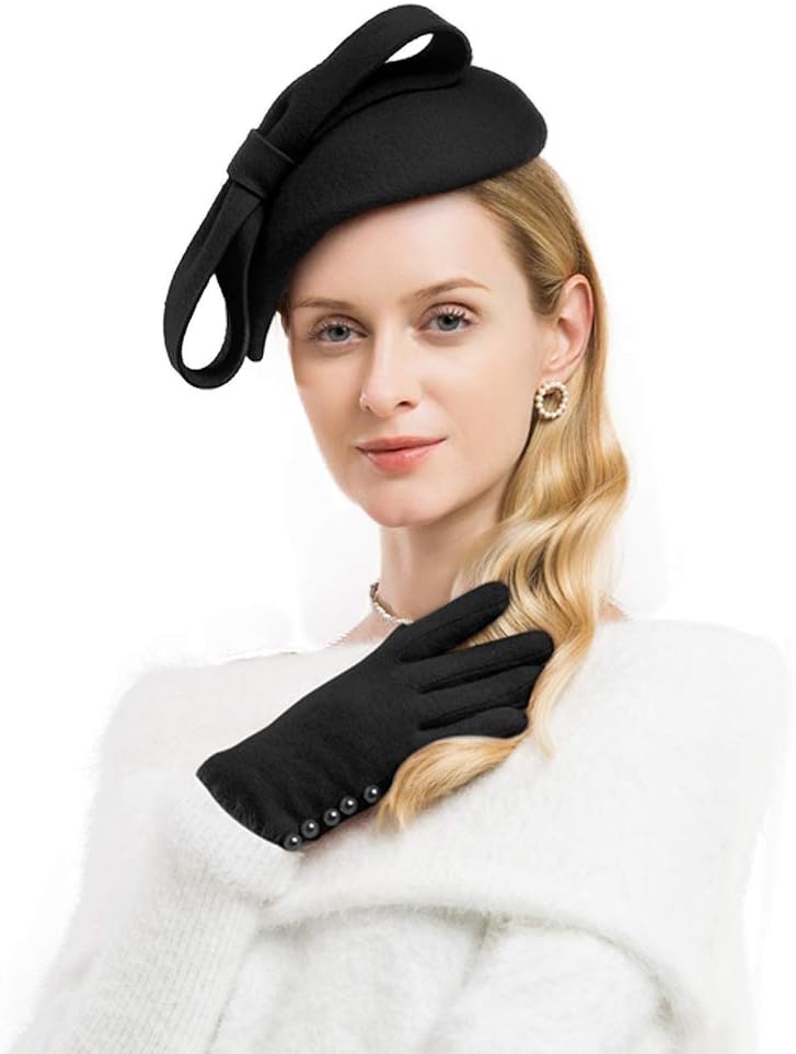 F FADVESF FADVES Wool Felt Fascinator Winter Women Pillbox Hat Bowknot Fedoras
