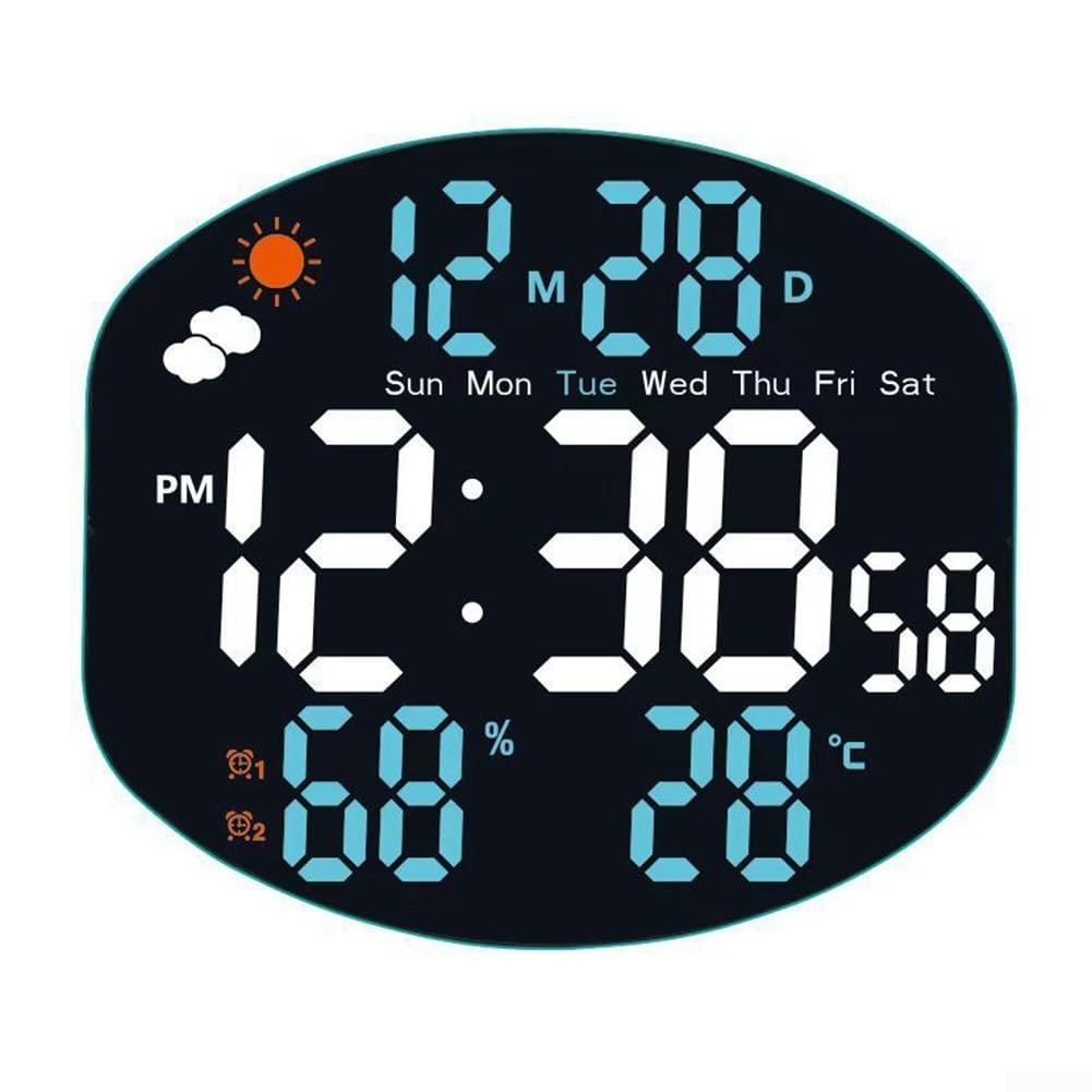 Grande orologio da parete digitale, multifunzione, a LED, stazione meteo digitale con sensore di umidità e temperatura, ampio display, ora, data, calendario, doppio allarme per soggiorno (bianco e