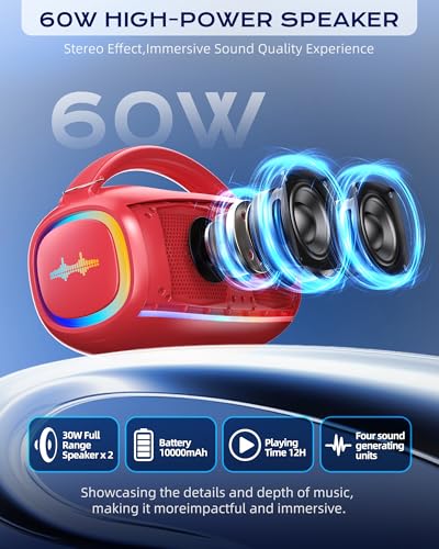 Image of Portable Bluetooth Wireless,60W Loud Speaker with Bass,12H Playtime,IPX5 Waterproof,Stereo Loud Sound,Deep Bass,for Pool,Work,Beach,Outdoor,Workshop,Gift Portable Speaker with TWS (Red)