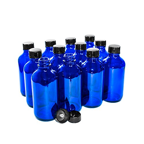 GBO GLASSBOTTLEOUTLET.COM (Pack of 12) 4 oz. Cobalt Blue Boston Round with Black Poly Cone Cap