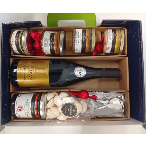 Caja de regalo con exquisiteces en una maleta: foie gras, terrina, mermelada, trufas, pralinés y una botella de Côtes du Rhône OPPIDUM 75cl.