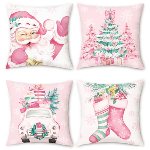 COZZSNUGE Weihnachten Kissenbezüge 45 x 45 cm, Rosa Weihnachtsmann...