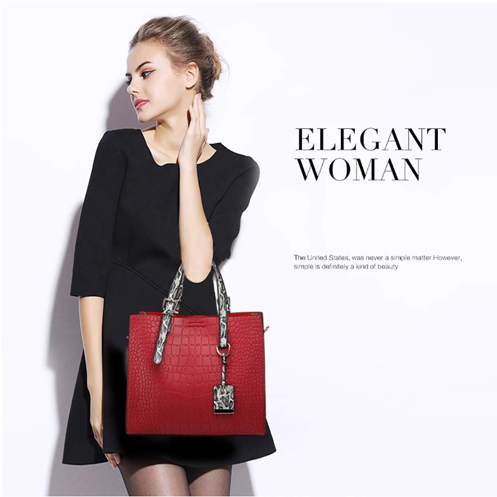 Bolso de mano de piel de serpiente con asa superior para mujer, diseño de cocodrilo, color vino