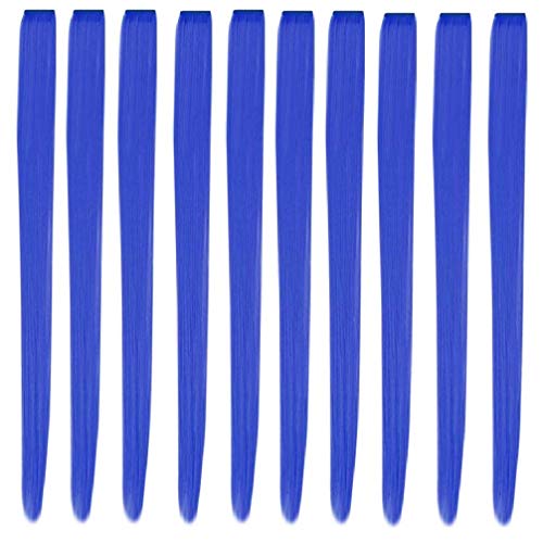 10 Pcs Blue Colors Straight Coloured Hair Extensions 20 Inch Long Hair Rainbow Hair Pieces Kids Clip in Hair Extensions,Hair Fashion Party Highlights Hair Accessories for Women Girls Gift