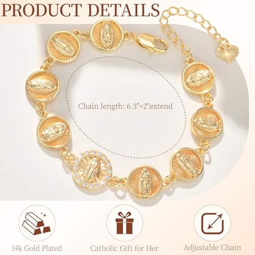 Women's Gold Virgin Mary Bracelet - 14K Gold Plated Catholic Bracelets,Non Tarnish Adjustable Golden Religious Virgen De Guadalupe Jewelry, Catholic Baptism Confirmation First Communion Gifts for Her4