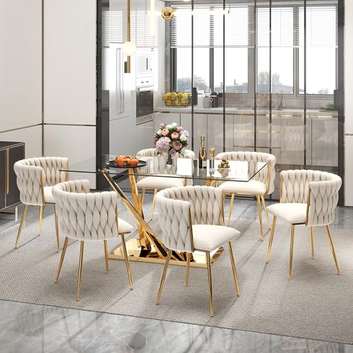 HAIZAO Modern Glass Dining Table Set for 6 63 Rectangular Tempered Tabletop with Aesthetic V Shape Gold Metal Base & 6 Beige Gold Woven Dining Chairs 7 Piece Luxury Dining Table Set
