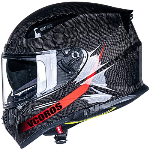 VCOROS FA-602 Carbon Fiber Full Face Motorcycle Helmet Unisex-Adult Dual Visor Helmets(Black Red,L)