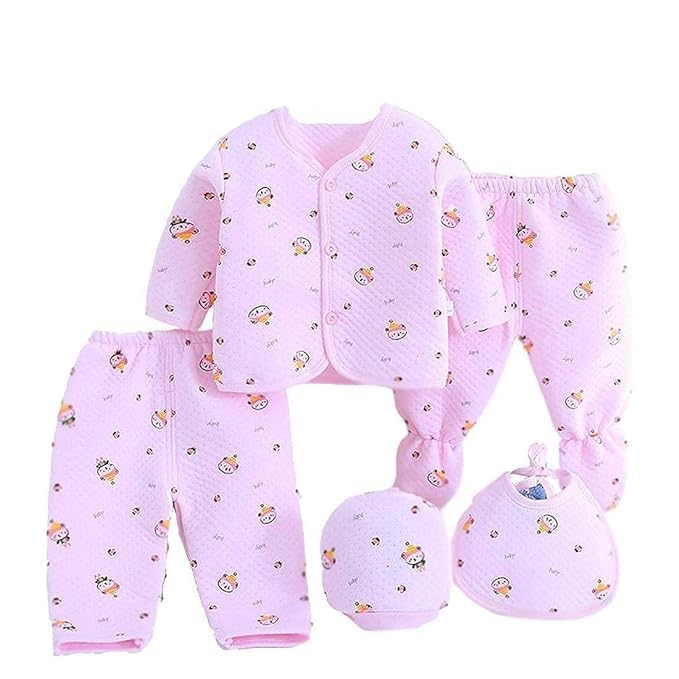 Presents Newborn Baby Winter Wear Dress Suit Set 5 Pcs Pack 1-Pyjama 1-Legging 1-Vest 1-Bib 1-Cap 0-3 Months-picture-51