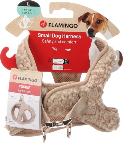 Flamingo Step&Go Hundegeschirr Pookie – Beige – Größe L (A: 32–37 cm, B: 42–46 cm, 5 mm) – Weiches Fleecegeschirr mit Klettverschluss, Klickschnalle und goldfarbenen Details