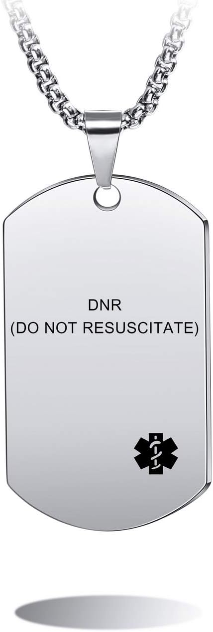 Dog Tag Pendant Necklace Custom Engraved Alert Stainless Steel - Bundle with 5 Items: Emergency Card, Sleeve, 2 Chains, Silencer (Silver DNR(Do Not Resuscitate))