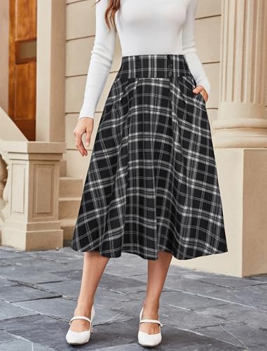 Belle Poque Plaid Skirts for Women High Waisted Midi Skirt A-line Pleated Fall Skirts 20252