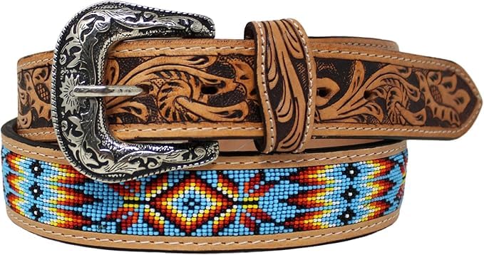 Handmade Beaded Men's Leather Belt Quality Thick Durable Wax Colorful Designs Cowboy Western Style Alloy Classic Fitted Casual Formal Wear in Pant Trouser Jeans Size: W-34-37/L-43in