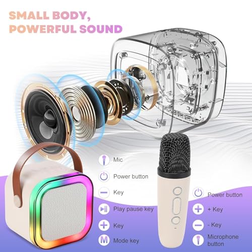 Image of Kids Karaoke Speaker with Wireless Microphone | Portable Bluetooth Singing Machine with LED Lights | Mini Rechargeable Karaoke System for Boys & Girls (1 Mic, Beige)