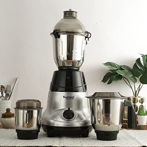 Image of Sumeet Traditional 750 Watt Mixer Grinder with Leak proof 3 Jars (Liquidizing, Wet Grinding and Chutney Jar), Stainless Steel blades (Model-Amica, Color-BlackGrey)