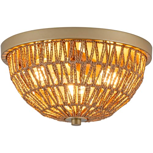 Lzglyptics Gold Rattan Ceiling Light, 3 Light Boho Light Fixture