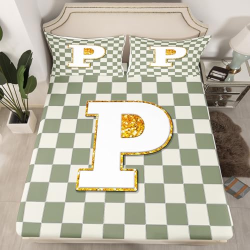 Image of Erosebridal Sage Green Checkered Sheet Set Queen Plaid Initial P Bed Sheets Personalized Monogram Bedding for Kids Boys Girls,Fashion Grids Gingham Bed Sheets Set 4 Piece