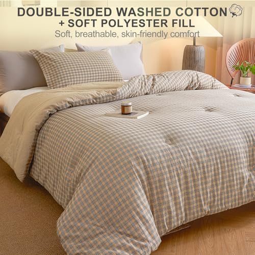 Image of 100% Cotton Comforter Set Queen Size - Reversible Yarn-Dyed Checkered Design, Soft Washed Cotton on Both Sides, Lightweight All-Season Bedding, Machine Washable(Beige Plaid, 90 inchx90 inch)