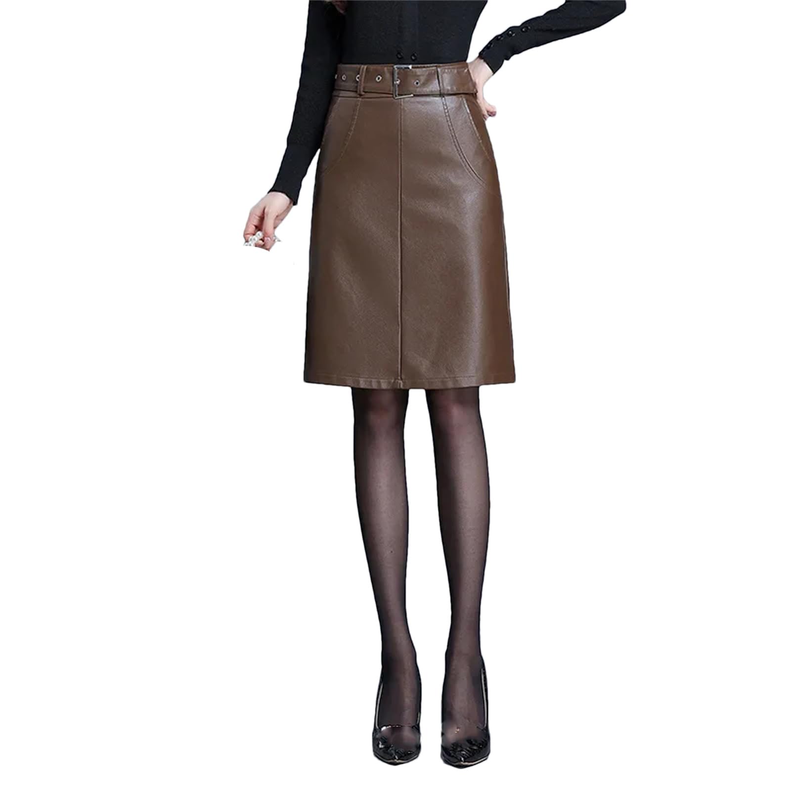 Falda corta de invierno para mujer, cintura alta, de piel sintética, falda acampanada, talla grande