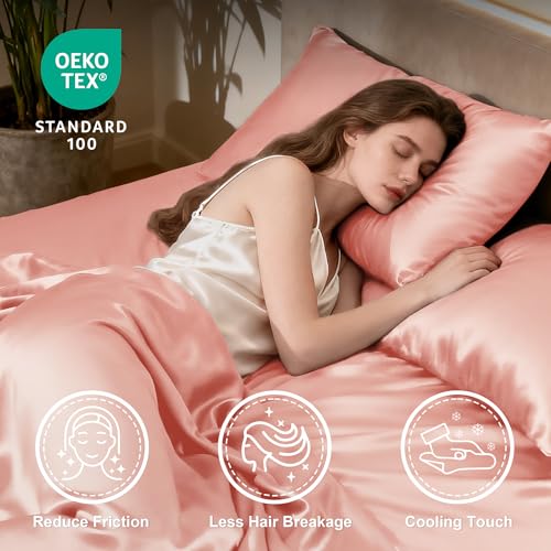Image of Love's cabin Full Size Satin Sheet Sets - 4 Piece Coral Silky Satin Sheet Set Full with Deep Pocket, Luxury Silk Feel Satin Bed Sheets Full Bedding Set (1 Flat Sheet,1 Fitted Sheet,2 Pillow Cases)