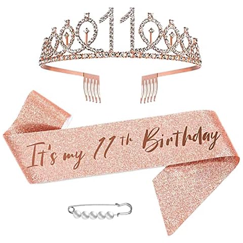 11th Birthday Sash Tiara and Crowns for Girls, Birthday Queen Rose Gold Tiara,Princess Tiara Rhinestone Headbands with Combs Bridal Wedding Tiaras for Wedding Prom Bridal Party Christmas Cover
