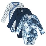 HonestBaby 3-Pack Organic Cotton Long Sleeve Side-Snap Kimono Onesies Bodysuits, Tie Dye Blues, 6-9 Months