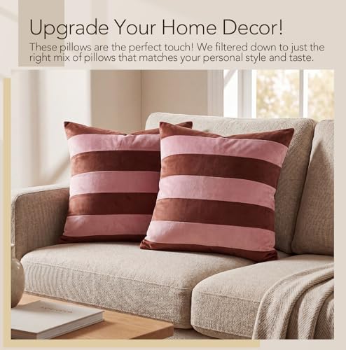 Image of Flutesan 2 Pack Velvet Stripes Throw Pillow Covers - 18x18 Inch Pink and Brown Velvet Pillow Cover Decorative Modern Square Cushion Cases for Sofa Couch Bed Chair Living Room Decor