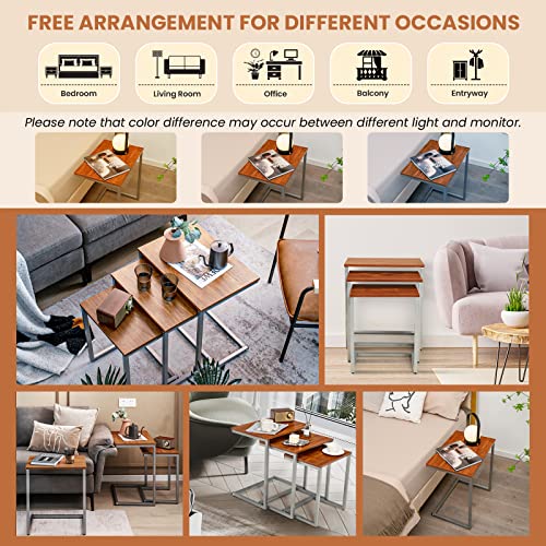 Giantex Set Of 3 Nesting Coffee Tables, Stackable Square End Table With Wood Grain Tabletop And Heavy-Duty Metal Frame, Multifunctional C-Shaped Accent Table For Living Room, Bedroom, Study #TOP6