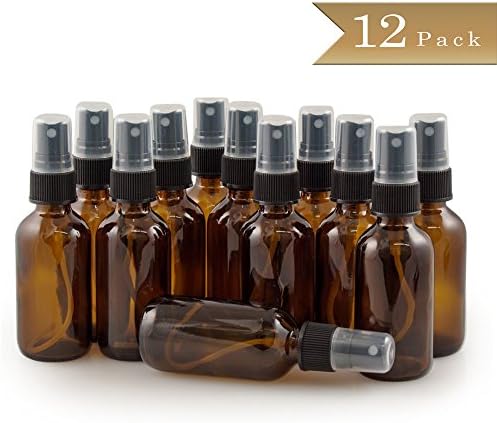 Pack of 12 - TrueCraftware 2 Oz Amber Glass Spray Refillable Bottles - Black Fine Mist Sprayer Cover