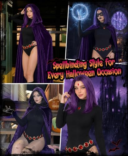 Image of Raven Costume for Women, 6PCS Halloween Costume Set for Women with Purple Hooded Cloak, Bodysuit & Red Gem Belt
