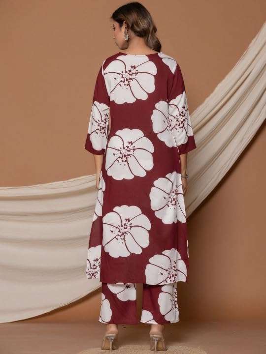 Women's Floral Print Kurta Palazzo Set, Maroon and White, V-Neck 3/4 Sleeve Indian Ethnic Wear
